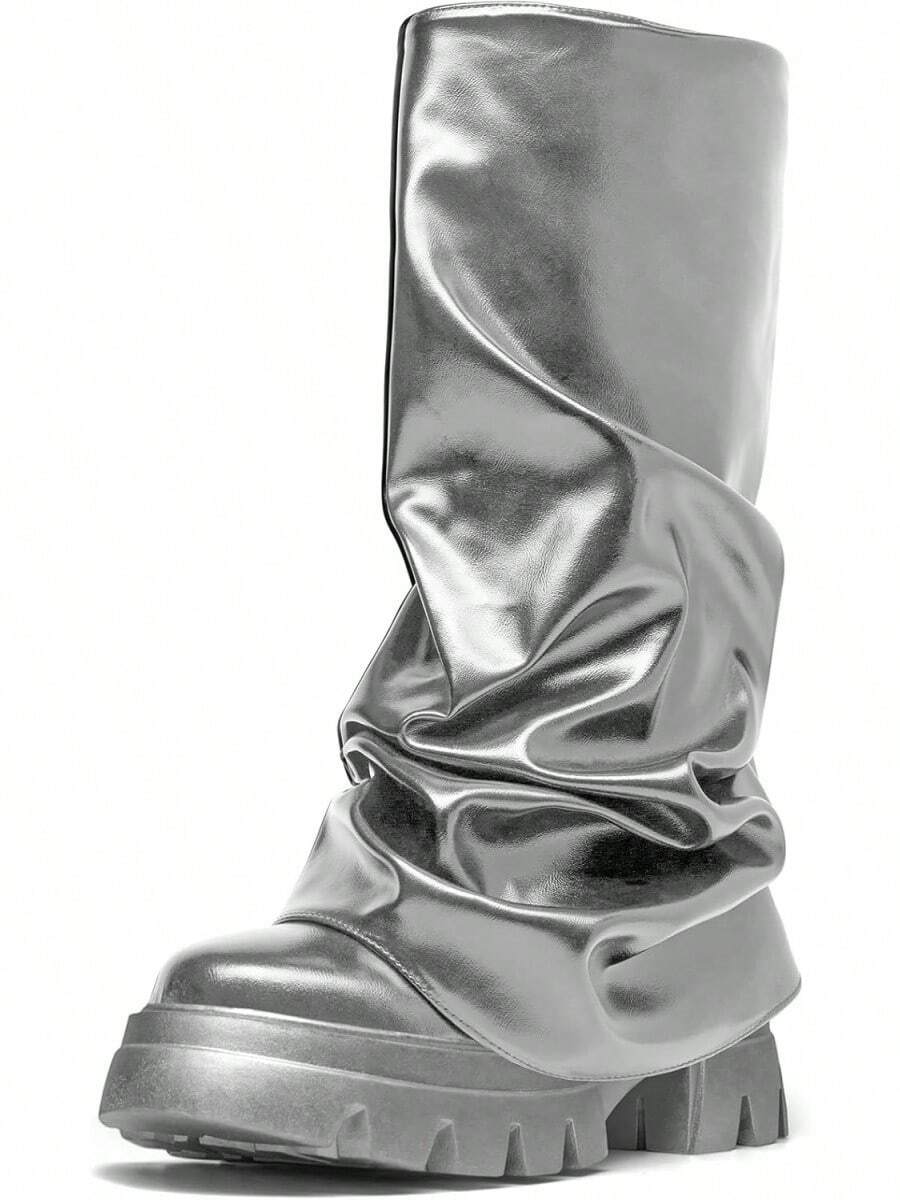 Women's Platform Round Toe Mid Calf Boots With Chunky Heel - M-銀色 - 查看 1