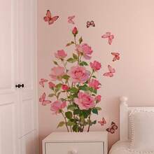 1/2/3pcs Watercolor Pink Rose Butterfly Wall Stickers, Elegant Floral Decals For Living Room Hallway Decoration, Removable Vinyl DIY Wall Art, Aesthetic Room Decor Gift - Floral Wall Sticker - View 2