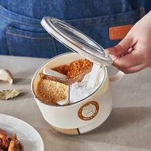 Minimalist Cream Style 3-Compartment Seasoning Box With Spoon & Handle, Multi-Grid Spice Jar Set For Salt Sugar Storage, Moisture-Proof Sealed Condiment Container, Stackable Kitchen Organization & Storage Jar, Aesthetic Cute Bear Print Spice Rack Accessories, Convenient One-Hand Operation Bottle - White - View 3