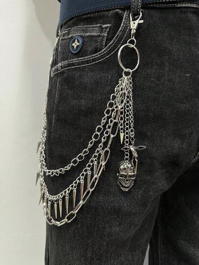 1件装多层男士裤链，时尚嘻哈男女通用裤链，配油滴十字架、铆钉、骷髅吊坠腰饰，街头派对佩戴，礼品首饰