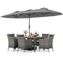 8 PCS Outdoor Wicker Dining Furniture & Double-Sided Umbrella With Solar LED Lights - 灰色的 - 查看 6
