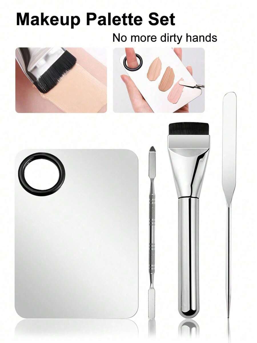 Bộ dụng cụ trang điểm chuyên nghiệp 4 món bằng thép không gỉ, bao gồm bảng pha màu, thìa trộn màu, muỗng lấy kem nền và cọ trang điểm. Thích hợp cho cả nam và nữ để trang điểm nền, trang điểm mắt và pha màu môi. Cọ trang điểm và bảng pha màu dễ dàng vệ sinh, giữ cho tay luôn khô thoáng. - Nhiều màu - Xem 1