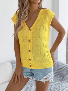 Camiseta de punto sin mangas con cuello en V, botones de diamante y hombros caídos, estilo casual y sexy para primavera/verano - Amarillo - Ver 6