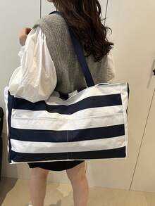 Striped Bohemian Large Capacity Tote Bag, Waterproof Beach Bag, Spacious Handbag, Travel Canvas Bag - Navy Blue - View 3