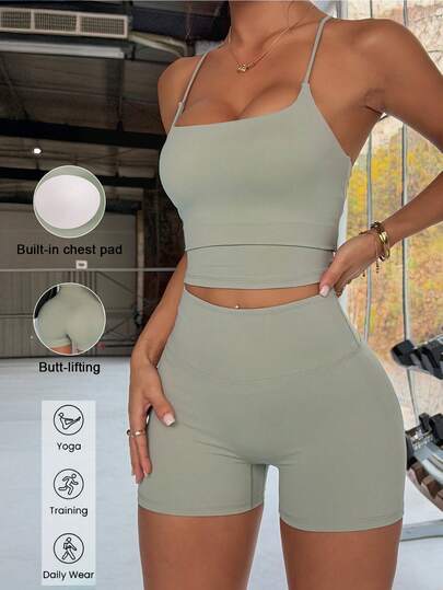 Aoqta Sports 女士夏季休闲纯色两件套，修身无袖露背吊带背心带胸垫，搭配高腰紧身瑜伽短裤，适合瑜伽、跑步、健身和日常穿着。