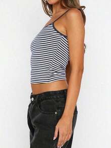 Vaiaye Women'sLingerie Style Top And Spring/Summer Striped Print Round Neck Fitted Casual Vacation Camisole, Suitable Beach Vacation & Everyday Casual Wear - 藍白條紋 - 查看 7