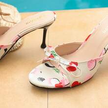 女士高跟凉鞋，随机蝴蝶印花，舒适细高跟，圆头套脚凉鞋，休闲、派对、优雅，黑色单带拖鞋 - 米色 - 查看 4