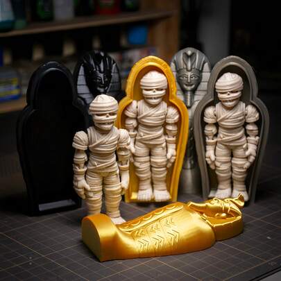3D打印可动关节木乃伊玩具，可动人偶模型，埃及石棺木乃伊模型，古埃及主题桌面收藏摆件，创意减压摆件，适合家居装饰、埃及主题派对、复活节和万圣节装饰、儿童生日礼物、益智创意玩具
