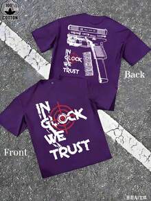 [Printed T-Shirt] Men's "Trust Us" Version B Gun Pattern Slogan T-Shirt - 1 Piece, 100% Cotton, Sizes S To XXXL,  Casual Men's Round-Neck Short-Sleeve Cotton T-Shirt For Spring And Summer, Suitable As A Gift. New Stylish T-Shirt - 紫色 - 查看 1