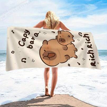 1条可爱水豚超柔软吸水超细纤维沙滩巾 - 轻便、速干、高吸水性，适合游泳、露营和野餐，现代设计，印有俏皮的“CAPYbara”图案