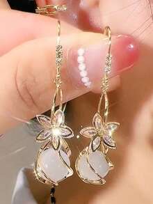 Flower Cat Eye Stone Ear Hooks Gold Plated Earrings For Women Temperament Versatile High-End Earrings - Gold - View 1