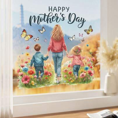 1 miếng dán tường chủ đề Mẹ và Con với họa tiết hoa và bướm, hình dán trang trí Ngày của Mẹ, tự dính, dễ dàng tháo lắp, phù hợp cho phòng khách, phòng ngủ, phòng học, văn phòng và nhiều không gian khác.