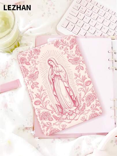 粉色玫瑰圣母玛利亚图案平板电脑保护套，兼容 iPad (A16) 11 英寸第 11 代（2025 年款）/第 10 代、10.2 英寸、iPad Pro（2021 年款/2020 年款）、Galaxy Tab A8 10.5 英寸（2022 年款）、Matepad 10.4/Tab，防摔，带笔槽，支持睡眠/唤醒功能，是送给孩子/家人的年末礼物，浪漫又实用。