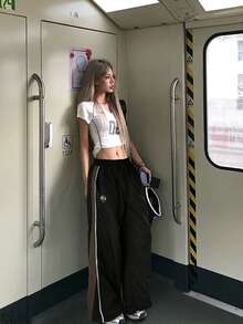 撞色高腰直筒宽松休闲女裤，带刺绣，春夏秋季款 - 黑色 - 查看 6