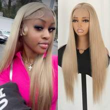 Rose Red Color Hair Synthetic Lace Front Wigs Fashion Blue 13x4 Free Part 28 Inches Long Straight Wigs HD Lace Pre Plucked Baby Hair Natural Hairline Glueless Frontal Lace Replacement Wigs Blonde Ready To Wear Comfortable For Women Girls Party Movie Concert Makeup Use Daily Wear - Vàng - Xem 2