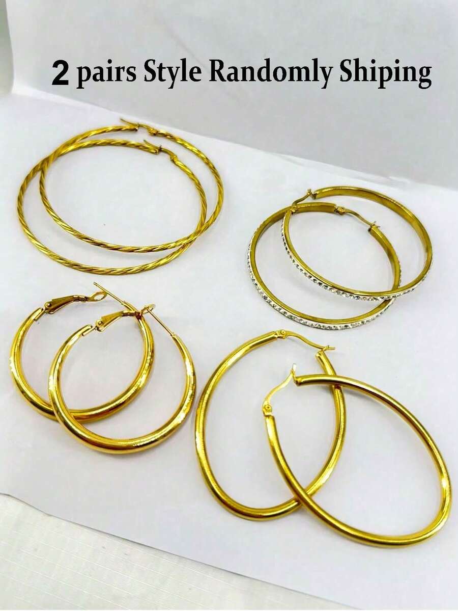 4对精致轻奢黄金耳环套装，优雅简约纹理，点缀钻石，女士黄金首饰，尺寸分别为40/50/56/60毫米，百搭首饰，适合日常夏季海滩装扮。 - 金色 - 查看 1