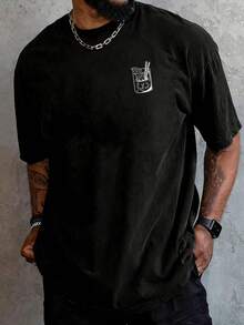 Men's Plus Size Short-Sleeved T-Shirt With Round Neck And Letter Print - Black - View 2