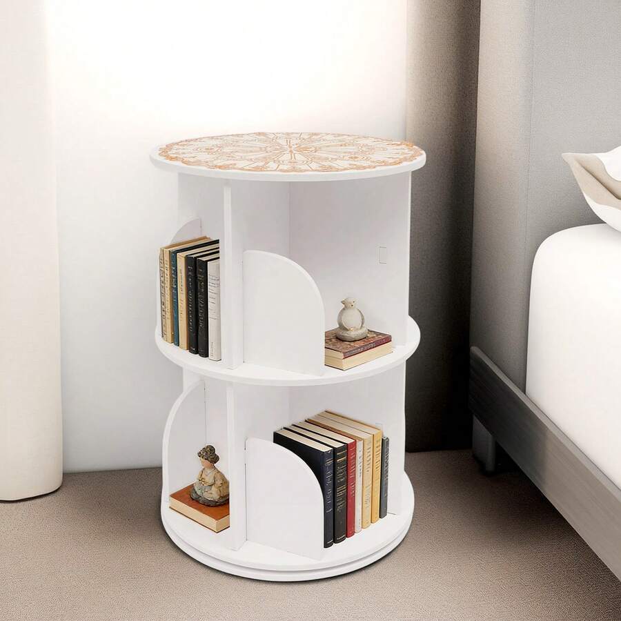 WUPYI2018 2 Etagen 360° Drehbares Bücherregal Rundes Weißes Bücherregal Freistehendes Lagerregal Multifunktionales Lagerregal für Haus Wohnzimmer Studie Büro - Weiss - Übersicht 1