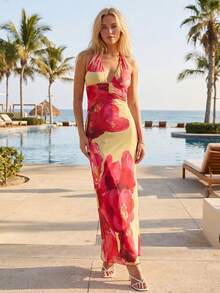 Vestido Largo Bohemio Sin Mangas Floral para Mujer, Cuello Alto y Ajustado, Ligero para Playa y Vacaciones de Verano - Rojo - Ver 4