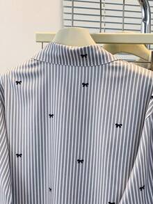 Women's Bow Tie Striped Print Long Sleeve Shirt, Button Front, Shirt Collar, Casual Top, Suitable For Spring, Autumn And Winter - Grey - View 9