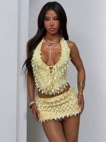 夏季垂坠式亮片刺绣上衣和半裙套装 - 黃色 - 查看 2