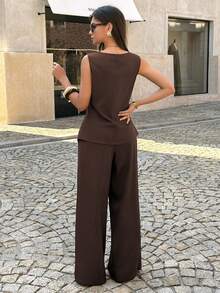 PoPoHouse 女士优雅两件套无袖纽扣背心上衣和宽松阔腿裤夏季休闲办公商务通勤度假外出服装棕色套装 - 棕色 - 查看 2