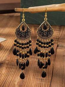 1 Đôi bông tai tua rua phong cách Bohemian cổ điển, thiết kế độc đáo, kiểu dáng giọt nước thanh lịch, đính pha lê, thích hợp cho kỳ nghỉ. - màu đen - Xem 1