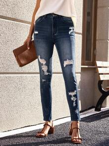 女士口袋细节做旧修身休闲百搭牛仔裤 春季 - 深色水洗藍 - 查看 2