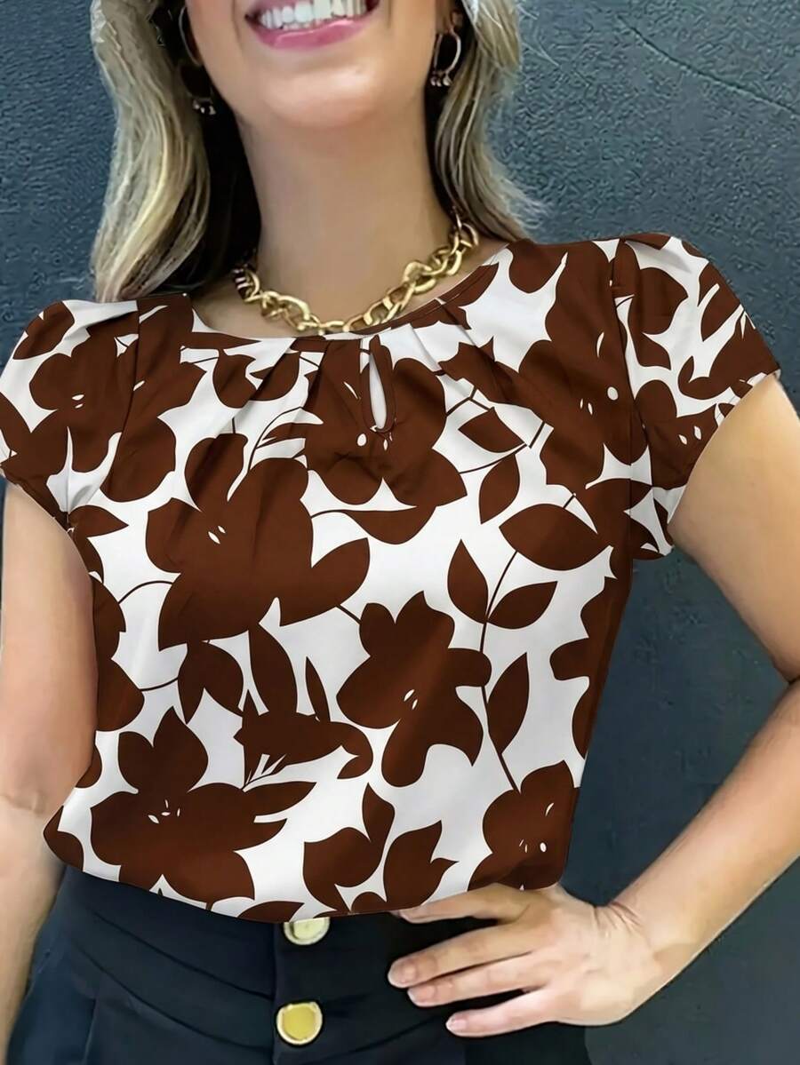 Blouse élégante et décontractée à imprimé feuille d'érable vintage, chemise femme grande taille plissée à l'avant et ajourée, convient pour le travail, le quotidien et les vacances d'été - couleur café - Voir 1