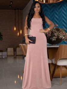 Women's Long Knit Dress With Elastane, Solid Colors, Strappy, Fashionable, Ideal For Weddings, Bridesmaids, Flower Girls, Graduations, Birthdays, Events, Elegant - 乾燥玫瑰 - 查看 3