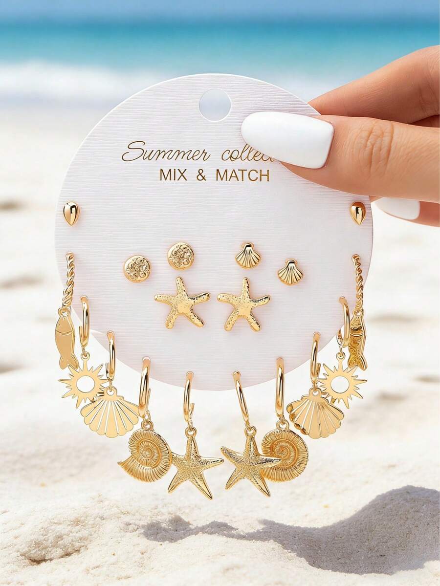 18pcs Gold Plated Sun, Starfish Dangle Earring Set - Minimalist Hoop Earrings With Fish, Starfish, Shell Pendants - Mini Starfish Stud Earrings - Summer Vacation Boho Style Gift For Women - Gold - View 1