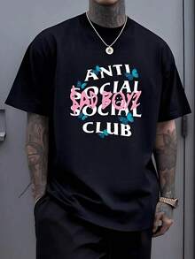 Graphic Featuring Bold Anti Social Club Text With Pink Graffiti Sad Boyz Lettering And Vivid Blue Butterflies Symbolizing Isolation And Transformation 100% Cotton Men Tshirt 100% Cotton Graphic Tee 220g - 黑色 - 查看 1