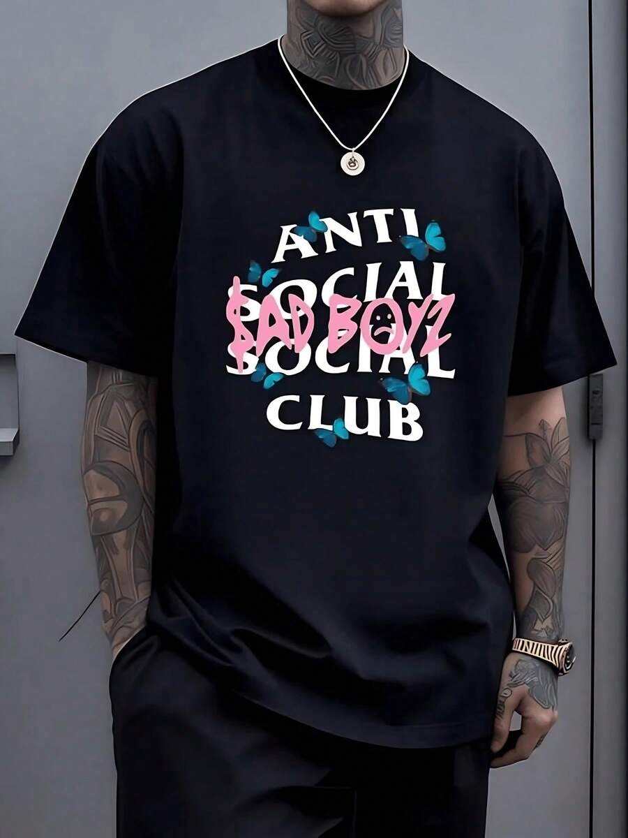 Graphic Featuring Bold Anti Social Club Text With Pink Graffiti Sad Boyz Lettering And Vivid Blue Butterflies Symbolizing Isolation And Transformation 100% Cotton Men Tshirt 100% Cotton Graphic Tee 220g - 黑色 - 查看 1