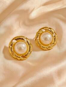 1 Pair Vintage Stainless Steel Pearl Charm Earrings For Women, Geometric Round Pearl Studs With Unique Texture - Large Style Pearl Studs - Eye-Catching Spiral Twisted Earrings - Fashion Accessories Suitable For Parties, Vacation Season And Special Occasions - Birthday Gift - Multicolor - View 6