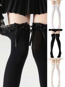 1 Pair Bow Lace Over The Knee Socks, Suitable For Wearing With Mini Skirts, Y2k - Multicolor - View 4