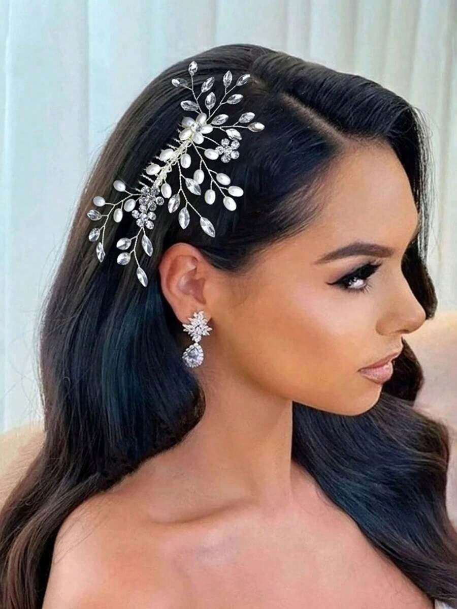 European And American Hot-Selling Pearl Rhinestone Hair Comb, Bridal Party Wedding Dress Styling Hair Bun Comb Hair Accessories Tiaras Valentine's Day Accessories - 銀色 - 查看 1