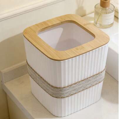 1pc Bamboo & White Decorative Trash Can