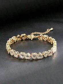 1pc Luxury Heart-Shaped Zirconia Bridal Bracelet, Adjustable Elegant Minimalist High-End Sparkly Women - 金子 - 查看 7