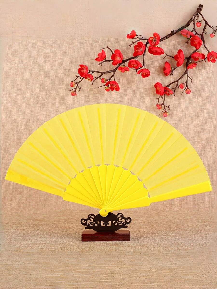 1/3pcs Yellow & Multi-Color Minimalist Foldable Hand Fan, Smooth Plastic Surface, Lightweight & Portable, Suitable For Weddings, Parties, Dance Performances And Summer Daily Use - Yellow - View 1