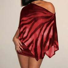 女士优雅酒红色两件套，不对称领口半透明上衣搭配斑马纹半身裙，适合派对穿着，现代时尚风格 - 酒紅色 - 查看 6