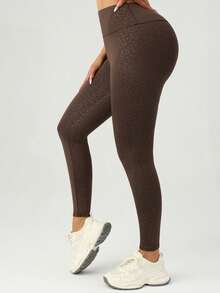 女士高腰高弹力豹纹紧身打底裤，运动打底裤，瑜伽打底裤，日常休闲装 - 咖啡棕 - 查看 6