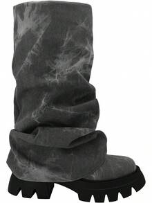 Women's Platform Round Toe Mid Calf Boots With Chunky Heel - Denim Grey - View 9