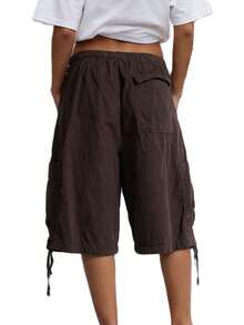Bermuda Cargo Shorts For Women Casual Elastic Drawstring Knee Length Shorts Casual Loose SweatShorts Multi Pocket Relaxed Fit - màu nâu sô cô la - Xem 7