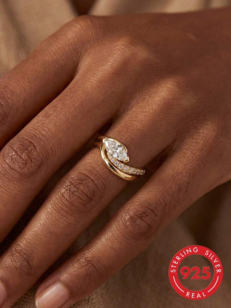 Bộ 2 chiếc nhẫn bạc S925 & 925 cao cấp, kiểu dáng tối giản, nhẹ nhàng, xoắn cong sang trọng, đính kim cương, trang sức thanh lịch dành cho nữ, thích hợp cho hẹn hò, tiệc tùng hoặc kỷ niệm. - Bộ nhẫn kim cương Marquise - Xem 1