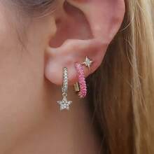 3件套新款锆石星星耳环，不锈钢耳钉，女士结婚首饰 - 3Pcs for One Ear - 查看 2
