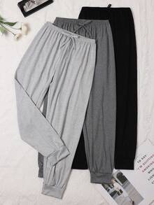 3pcs/Set Plus Size Women's Solid Color Drawstring Casual Lounge Pants, Loose & Comfortable For Summer - Multicolor - View 1