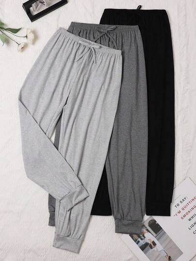 3件套加大码女式纯色抽绳休闲家居裤，宽松舒适，适合夏季穿着