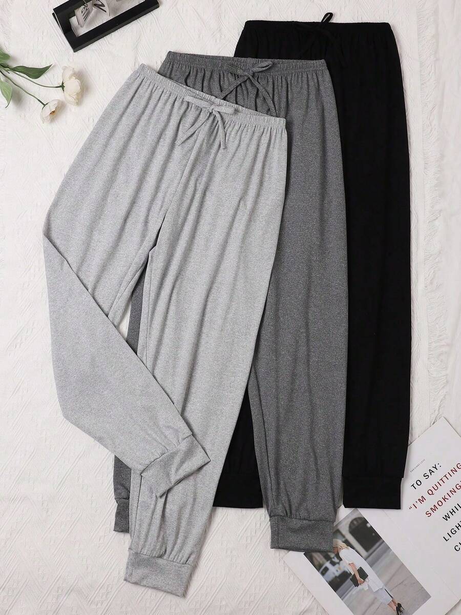 3pcs/Set Plus Size Women's Solid Color Drawstring Casual Lounge Pants, Loose & Comfortable For Summer - Multicolor - View 1