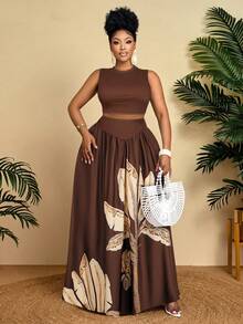 大码优雅休闲夏季两件套女装 - 棕色热带树叶印花露脐上衣 + 高腰长裙套装，完美海滩度假之选 - 咖啡色 - 查看 5
