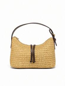 1pc New Solid Color Handbag For Women, Casual Beach Resort Woven Straw Bag, Suitable For Beach Vacation And Travel - Beige - View 6